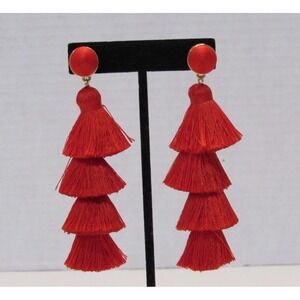 Baublebar Red Fringe Tiered Tassel 4" Dangle Earrings Boho Festival Maximalism